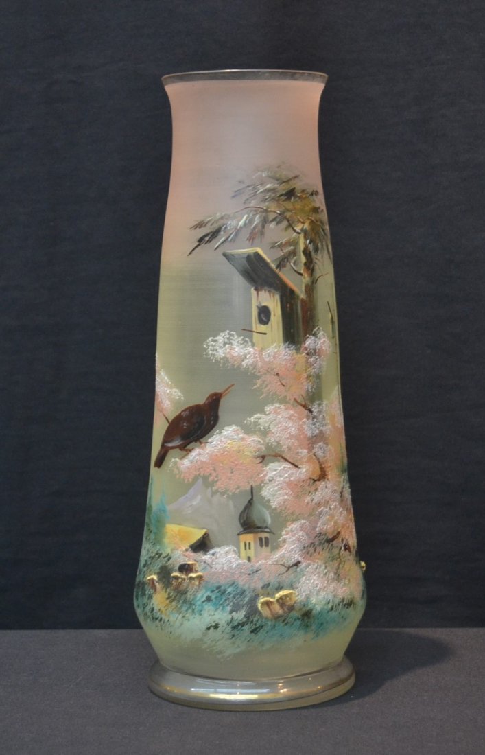 HAND PAINTED MOUNT JOY ? VASE WITH BIRDS &: BIRD HOUSE - 4 1/2" x 12 1/2"