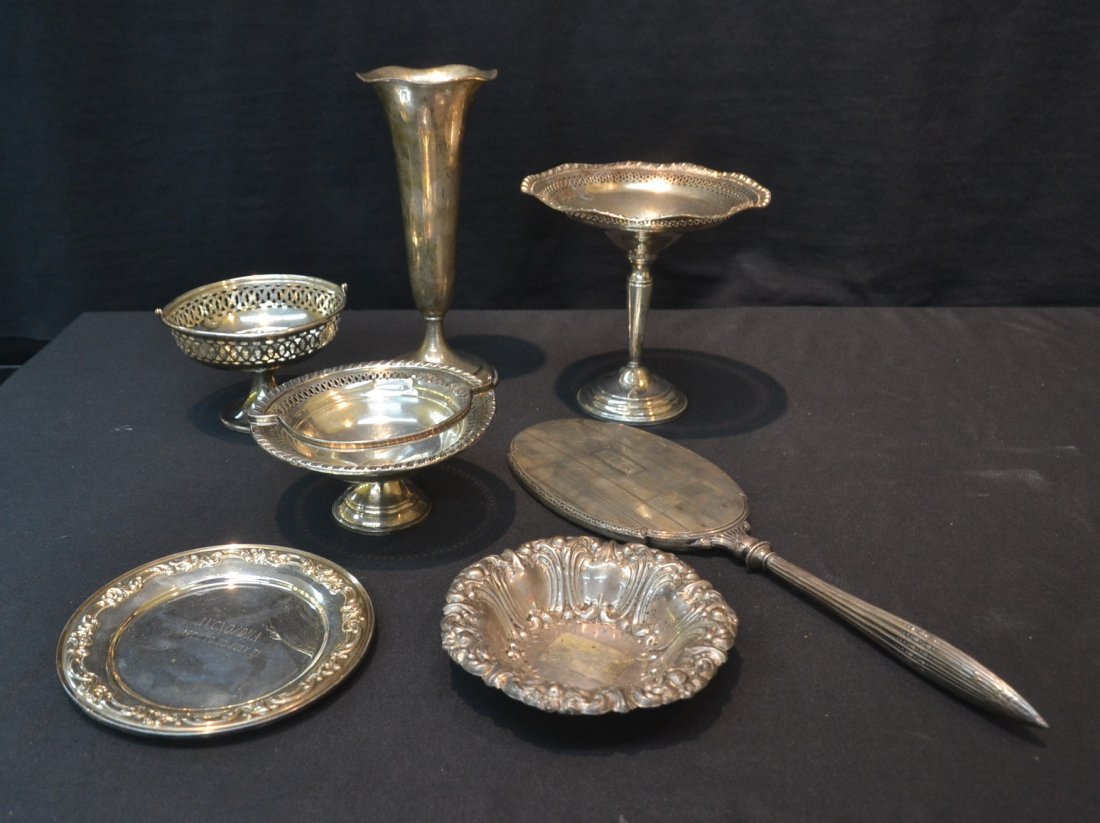 WEIGHTED STERLING LOT - VASE , TAZZA, MIRROR &: STERLING BOWLS