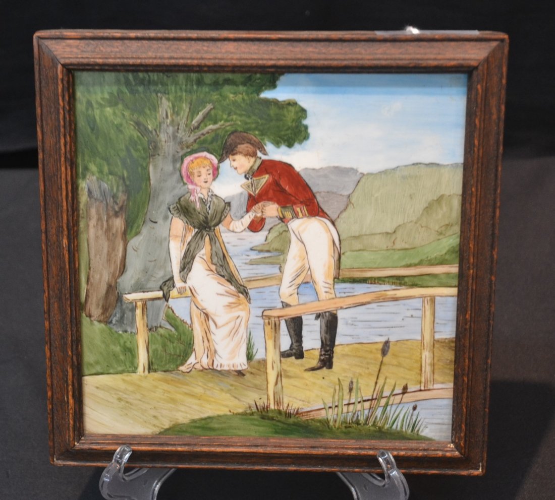 MINTON HOLLINS & Co. COURTING SCENE TILE: DATED 1869 - 9" x 9"