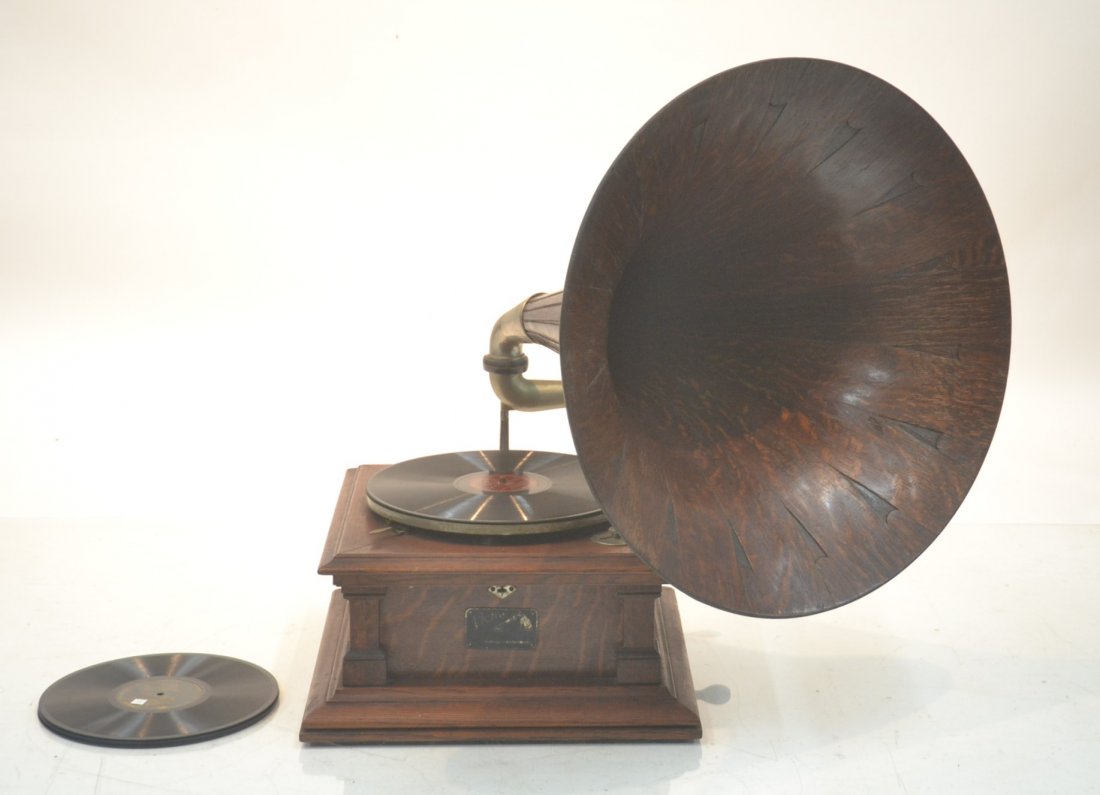 OAK VICTOR TALKING MACHINE RECORD PLAYER: WITH LARGE OAK HORN 16 1/2" x 16 1/2" x 12" ; HORN IS 23" x 22"