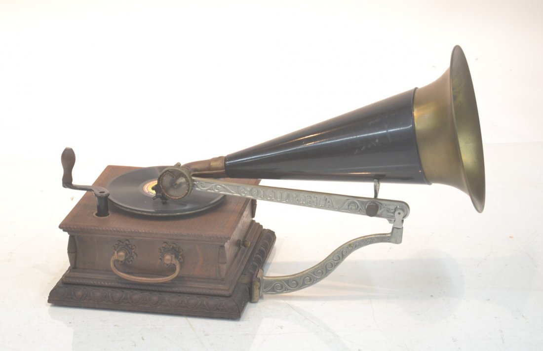 OAK COLUMBIA RECORD PLAYER WITH HORN: 10 1/2" x 10 1/2" x 7"