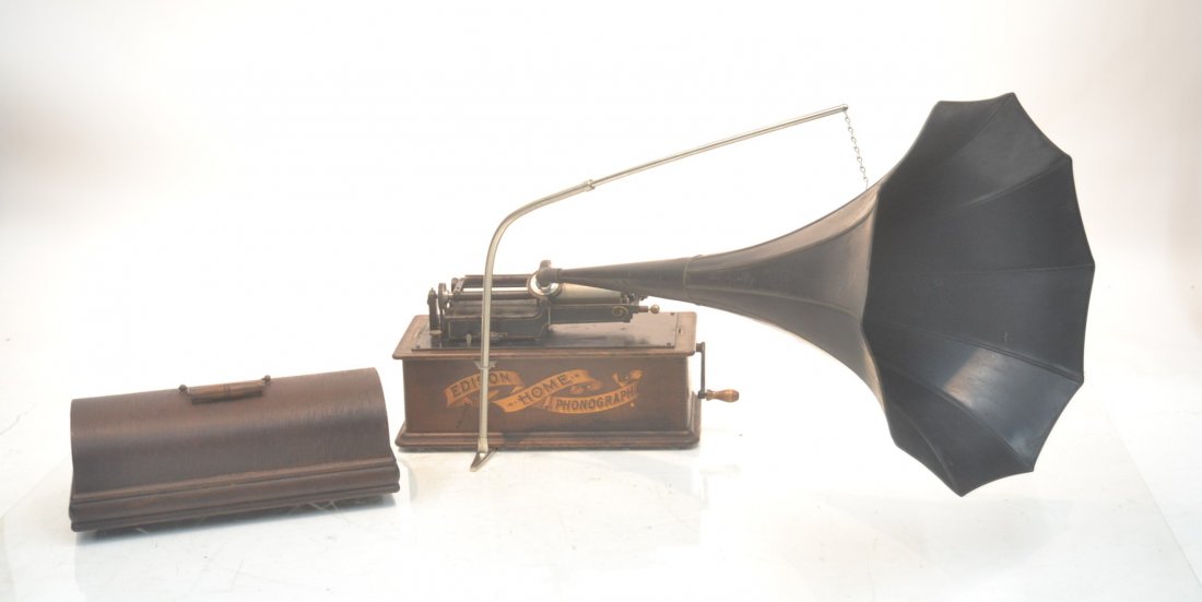 OAK EDISON 8-CYLINDER HOME PHONOGRAPH: WITH HORN & COVER - 18" x 8 1/2" x 11"