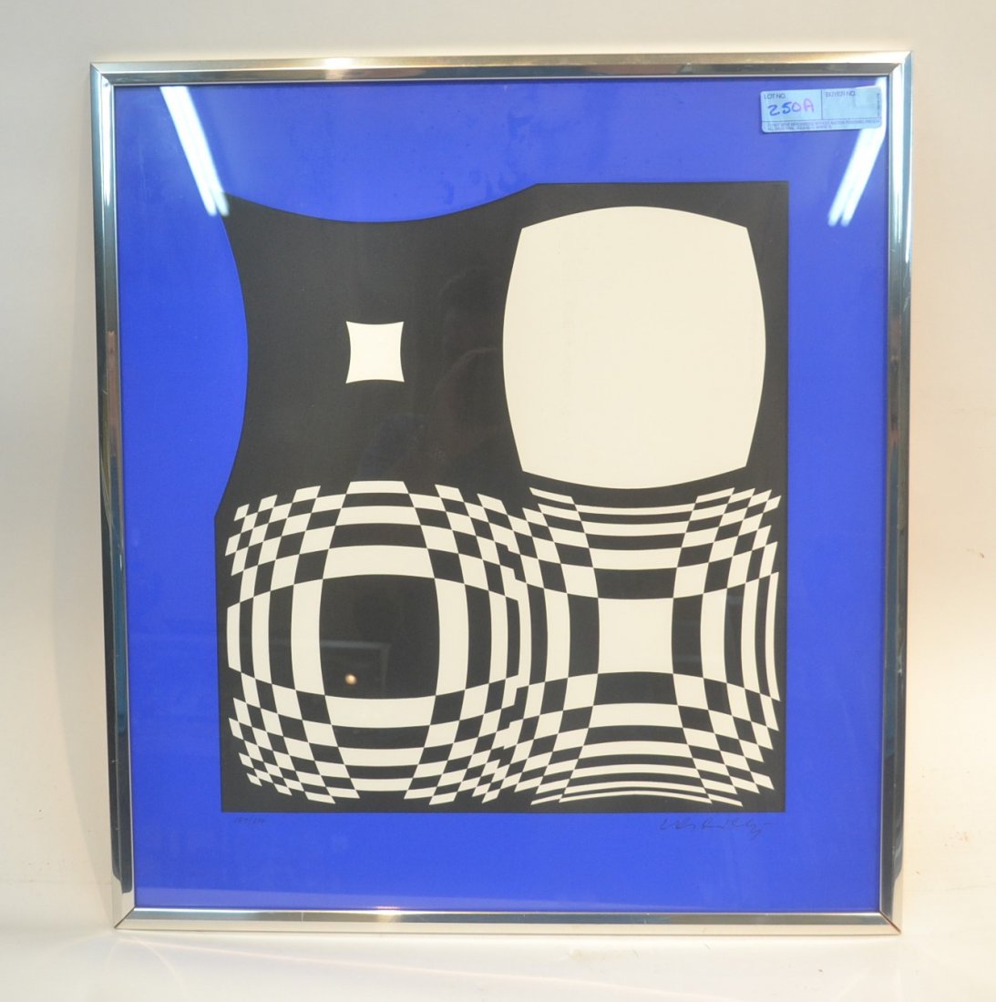 VICTOR VASARELY (1908-1997) MODERN GEOMETRIC: ABSTRACTION WITH BLACK & WHITE DESIGNS OVER BLUE BACKGROUND ; HAND SIGNED & NUMBERED 187/250 - 23" x 28"