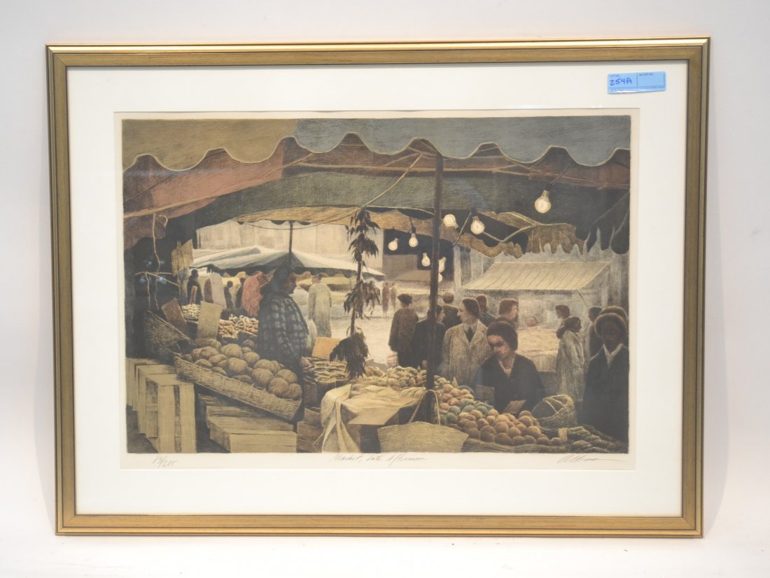 HAROLD ALTMAN (AMERICAN 1924-2003) MARKET SCENE: HAND SIGNED LITHOGRAPH DEPICTING SHADOWY FIGURES IN FOREGROUND MARKET BEHIND SHELVES OF FRUIT WITH BUILDINGS IN BACKGROUND , NUMBERED 83/285 - 40" x 30" OVERALL