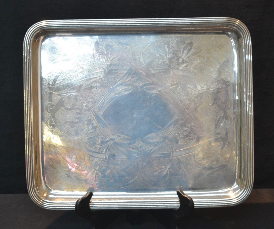 CHRISTOFLE SILVER PLATE TRAY WITH ENGRAVED FLOWERS: 17" x 14"