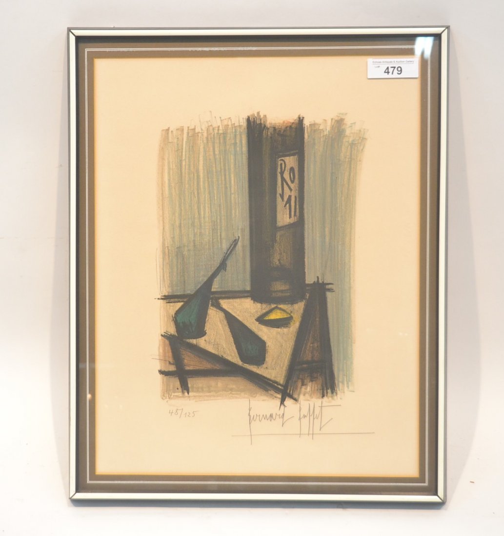 BERNARD BUFFET (FRENCH 1925-1999)MODERN STILL LIFE: ABSTRACTION OF CYLINDER & TABLE WITH GEOMETRIC ITEMS - 20" x 26" OVERALL