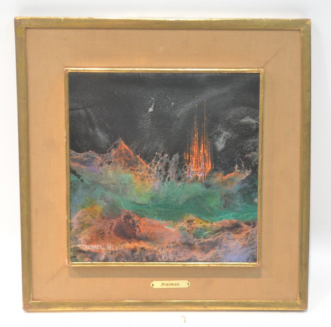 LEONARDO NIERMAN ACRYLIC ON MASONITE: (MEXICAN ARTIST ; BORN 1932) SIGNED LOWER LEFT - 9 1/2" x 9 3/4" , 14 1/4" x 14 1/2'