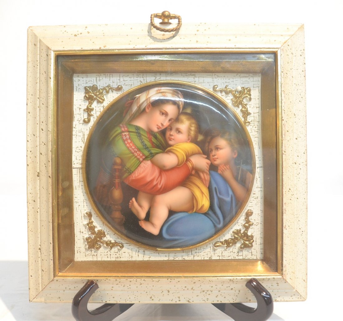 ROUND HAND PAINTED RELIGOUS PLAQUE SET IN: SHADOW BOX FRAME ; PLAQUE IS 6" , 10" x 10"
