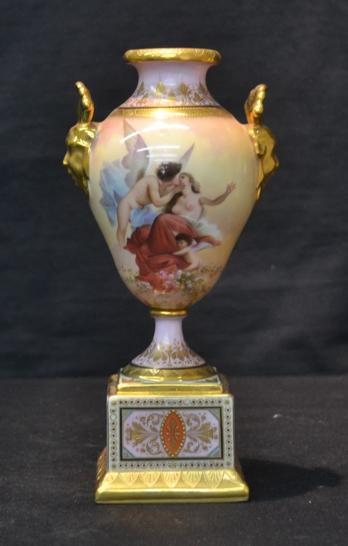 HAND PAINTED VIENNA URN DEPICTING VENUS &: WINGED CUPID - 5" x 9"
