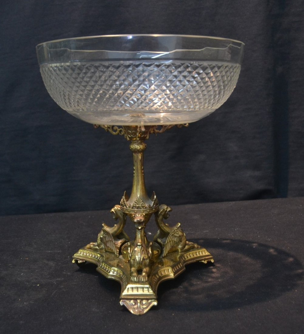 BRONZE & CRYSTAL CENTERPIECE WITH GRIFFINS: ON BASE - 9" x 11"