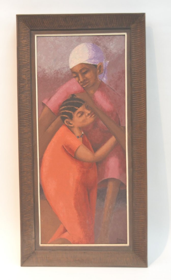 PETION SAVAIN (HAITIAN, 1906-1973) OIL ON BOARD: DEPICTING MOTHER & CHILD SIGNED LOWER RIGHT - 15" x 34" , 20" x 39" (FRAMED)