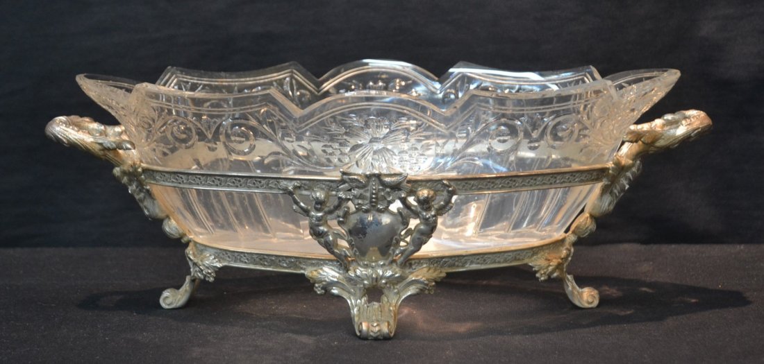 SILVER PLATE CENTERPIECE WITH CHERUBS & BIRDS: WITH ETCHED GLASS LINER - 16" x 8 1/2" x 6"