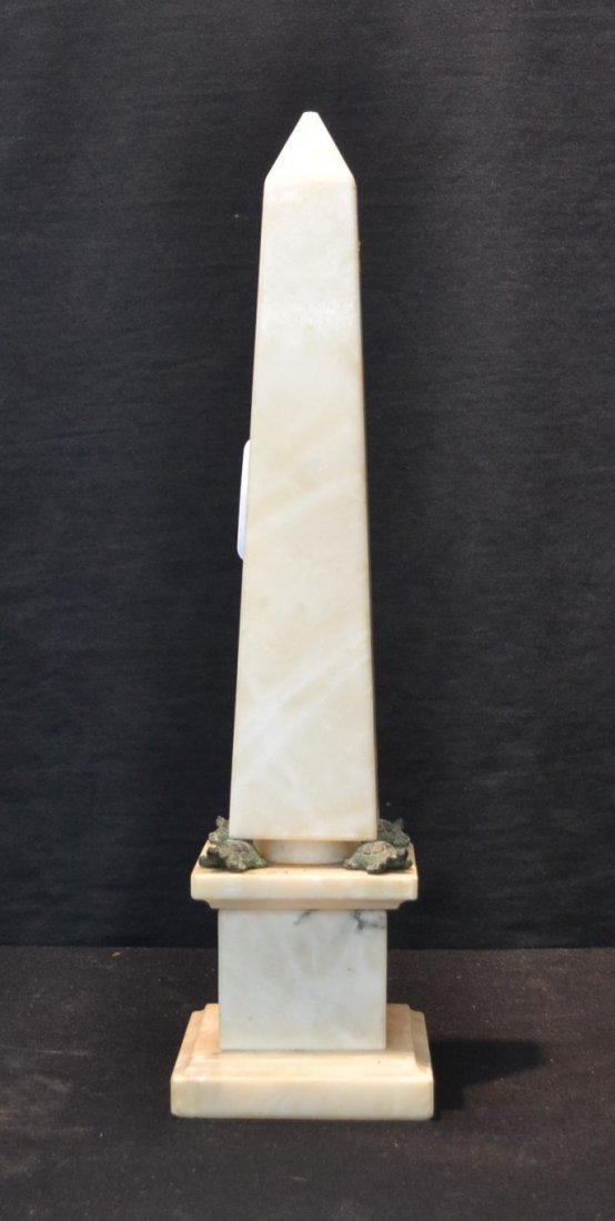 ALABASTER OBELISK WITH (4) BRONZE TURTLES: 4" x 4" x 17"