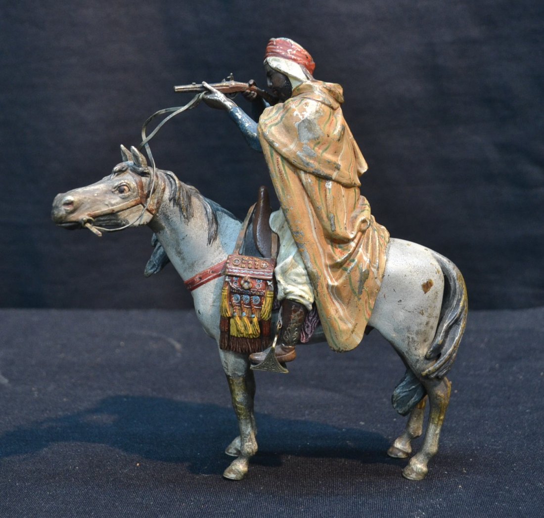 FRANZ BERGMAN VIENNA BRONZE ARAB ON HORSE: WITH RIFLE ; HAS BERGMAN B MARK WITH URN & GERSHUTZ MARK - 6" x 7"