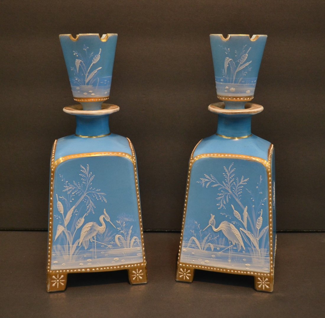 (Pr) POWDER BLUE OPALINE DECANTERS WITH ENAMEL: DECORATIONS & CUP STOPPER - 3 1/2" x 3 1/2" x 8 3/4"