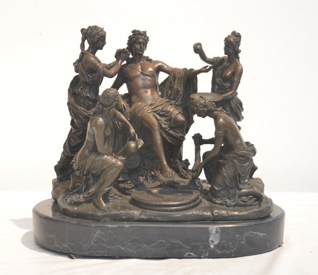 BRONZE GROUPING DEPICTING MAN WITH 4 FEMALE: SERVANTS WASHING HIM ; SIGNED MERCIE WITH FOUNDRY - 7 1/2' x 12" x 10 1/2"