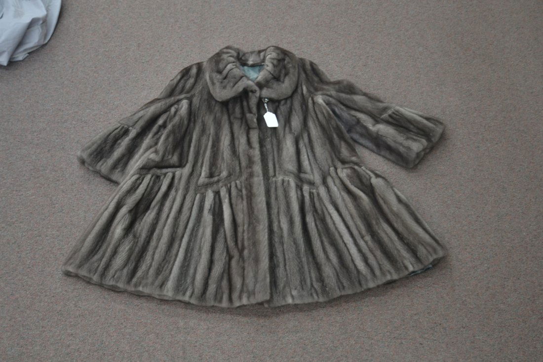 GREY MINK COAT ' APPROX. SIZE 10: ATTRIBUTED TO PETER THOMAS ; SLEEVE IS 24" , SLEEVE TO HEM IS 42" & UNDERARM ACROSS CHEST IS 22"