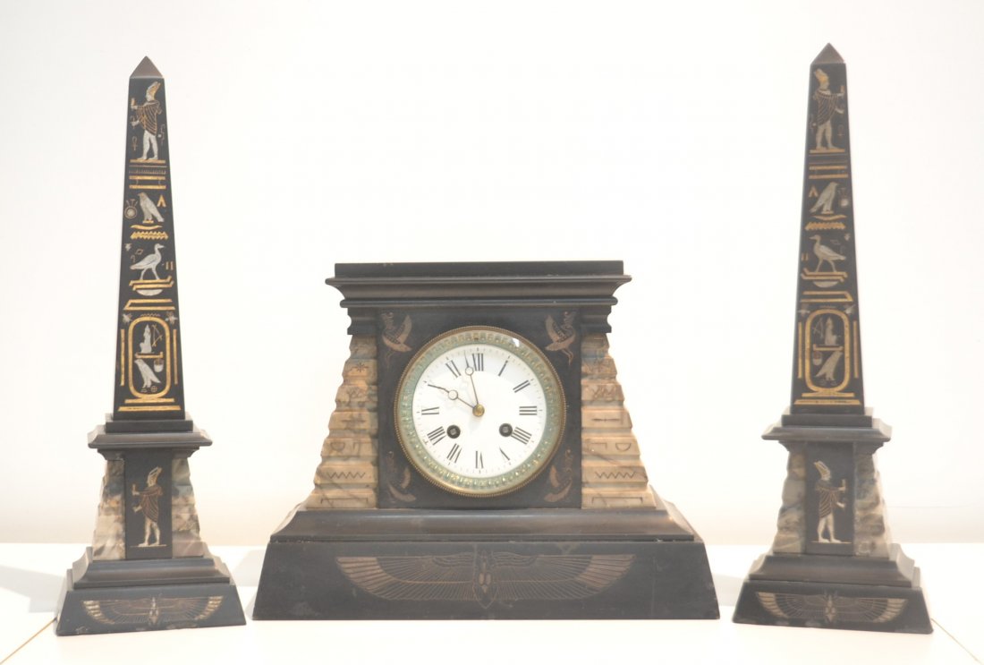 (3)pc EGYPTIAN REVIVAL 2-TONE MARBLE CLOCK SET: WITH (Pr) OBELISKS WITH EGYPTIAN FIGURES & BIRDS - 12 1/2" x 6" x 10" , OBELISKS ARE 5" x 3 1/2" x 16"