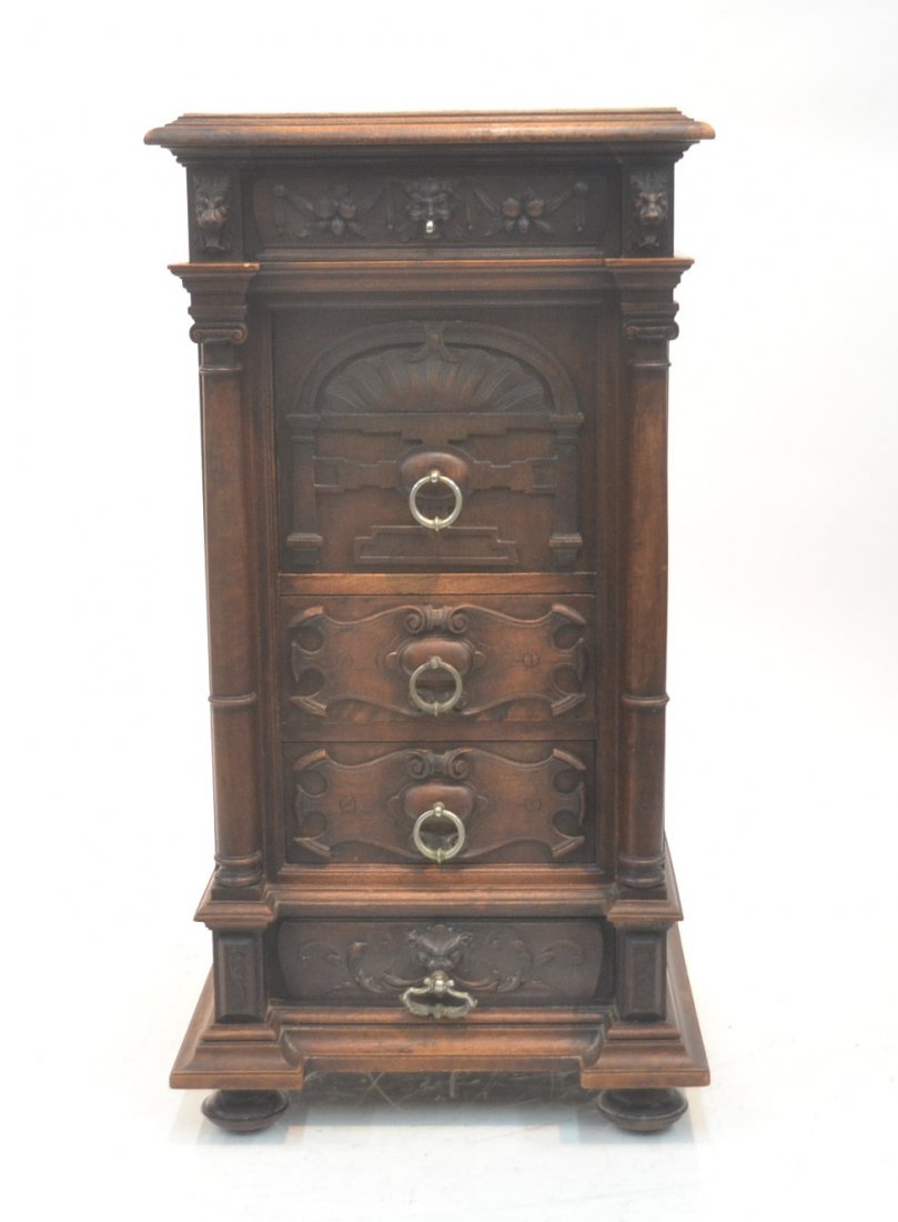 HEAVILY CARVED RENAISSANCE NIGHT STAND WITH: MARBLE COMMODE INTERIOR WITH LION HEADS & SCROLLWORK - 19" x 16" x 36"