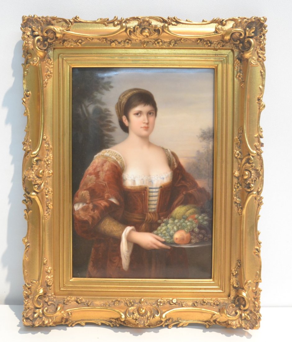KPM PORCELAIN PLAQUE OF YOUNG MAIDEN: IN VELVET DRESS HOLDING TRAY OF FRUIT ; WITH INSCRIBED KPM SCEPTOR & S INITIAL IN GILT FRAME ; 168-287 - PLAQUE IS 6 1/4" x 9 1/4" , 10" x 13" OVERALL