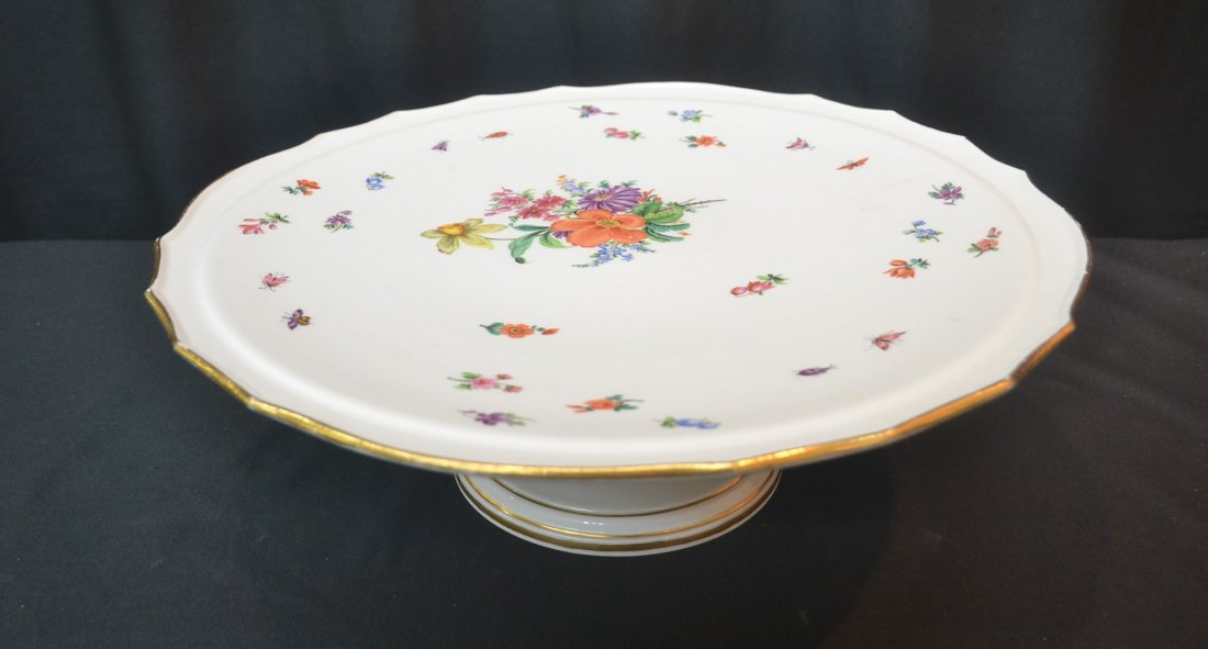 MEISSEN CAKE STAND WITH FLOWERS - 14" x 5": MEISSEN CAKE STAND WITH FLOWERS - 14" x 5"