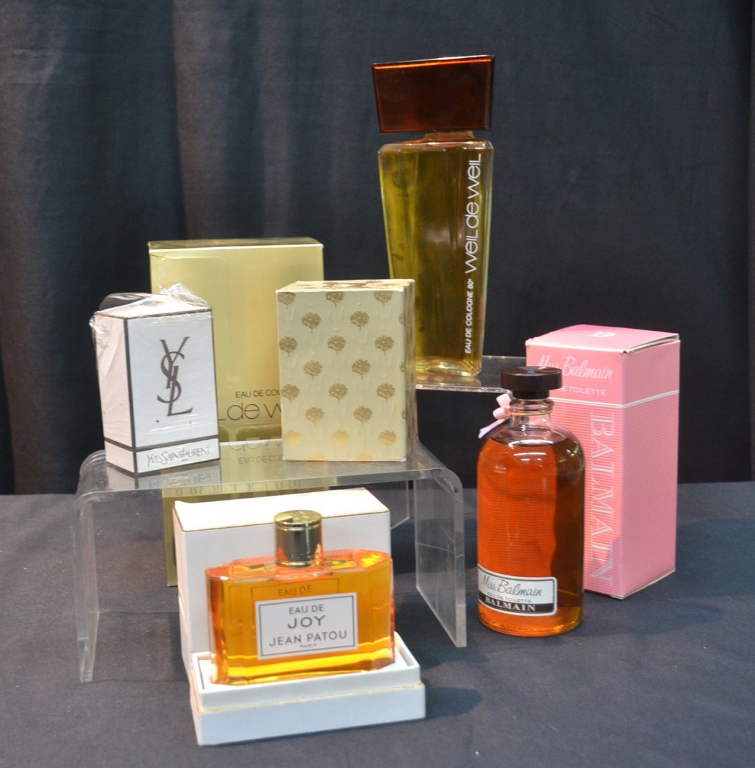 (5) BOTTLES OF PERFUME - BALINCIAGA QUADRILLE: 10oz, JEAN PATOU JOY , YVES SAINT LAURENT 1/2oz , 8oz BALMAIN & WEIL DE WEIL 8oz ; ALL PARIS IN ORIGINAL BOXES