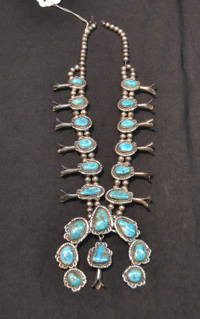 NATIVE AMERICAN STERLING SILVER & TURQUOISE: SQUASH BLOSSUM NECKLACE ; ARTIST SIGNED