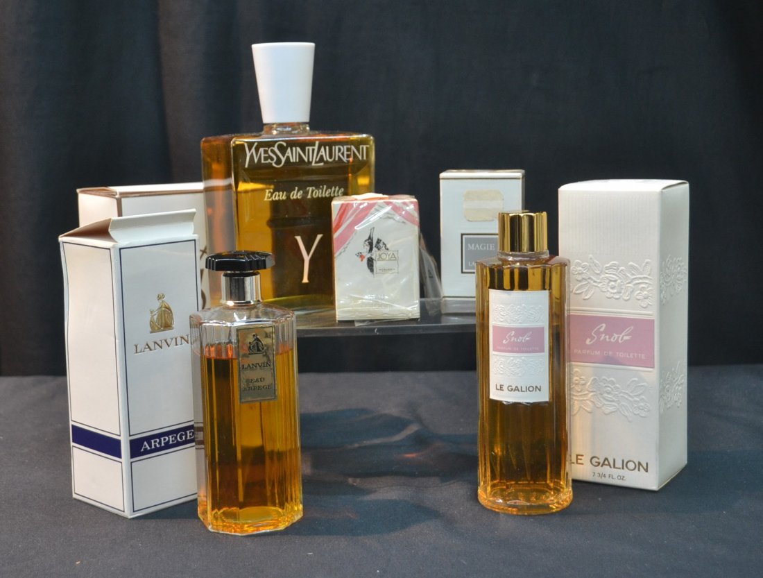PERFUME LOT - 16ozt YVES SAIN LAURENT "Y" ,: 1/3oz MAGIE LACOME , SNOB LE GALION - 7 3/4" , JOYA 1oz & 1/3oz LANVIN ARPEGE (OPENED)