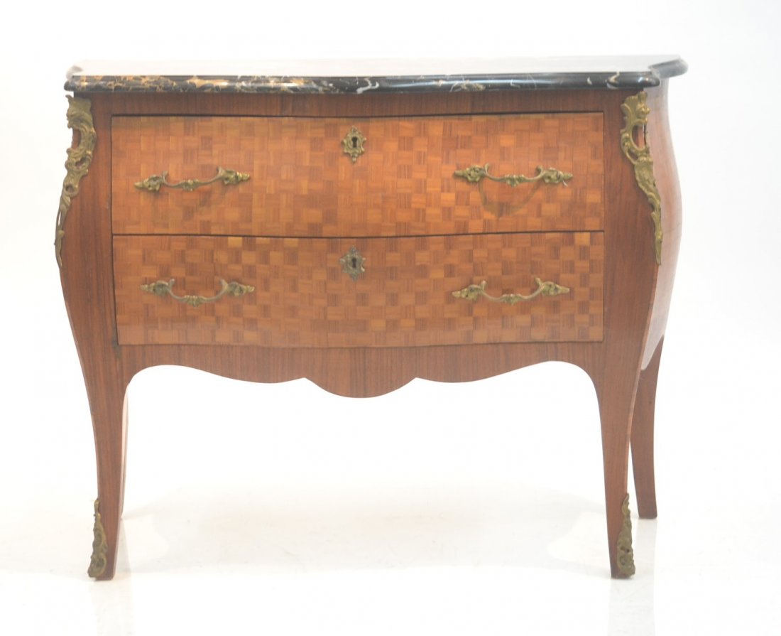 BOMBE MARBLE TOP COMMODE WITH PARQUTRY DESIGNS: & BRONZE MOUNTS - 37" x 16" x 29"
