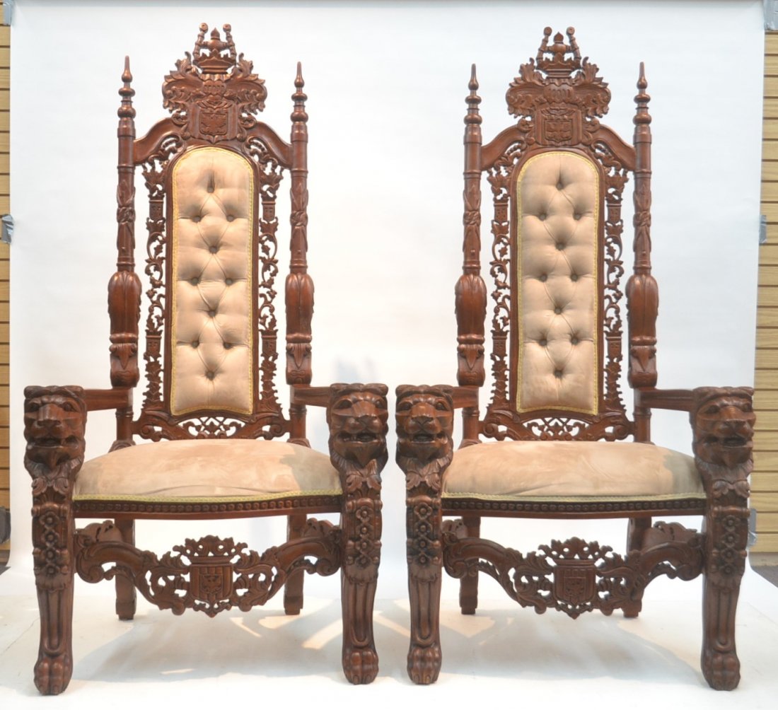 (Pr) CONTEMPORARY LARGE CARVED THRONE CHAIRS: WITH LIONS HEADS & SUEDE CLOTH - 36" x 25" x 72"