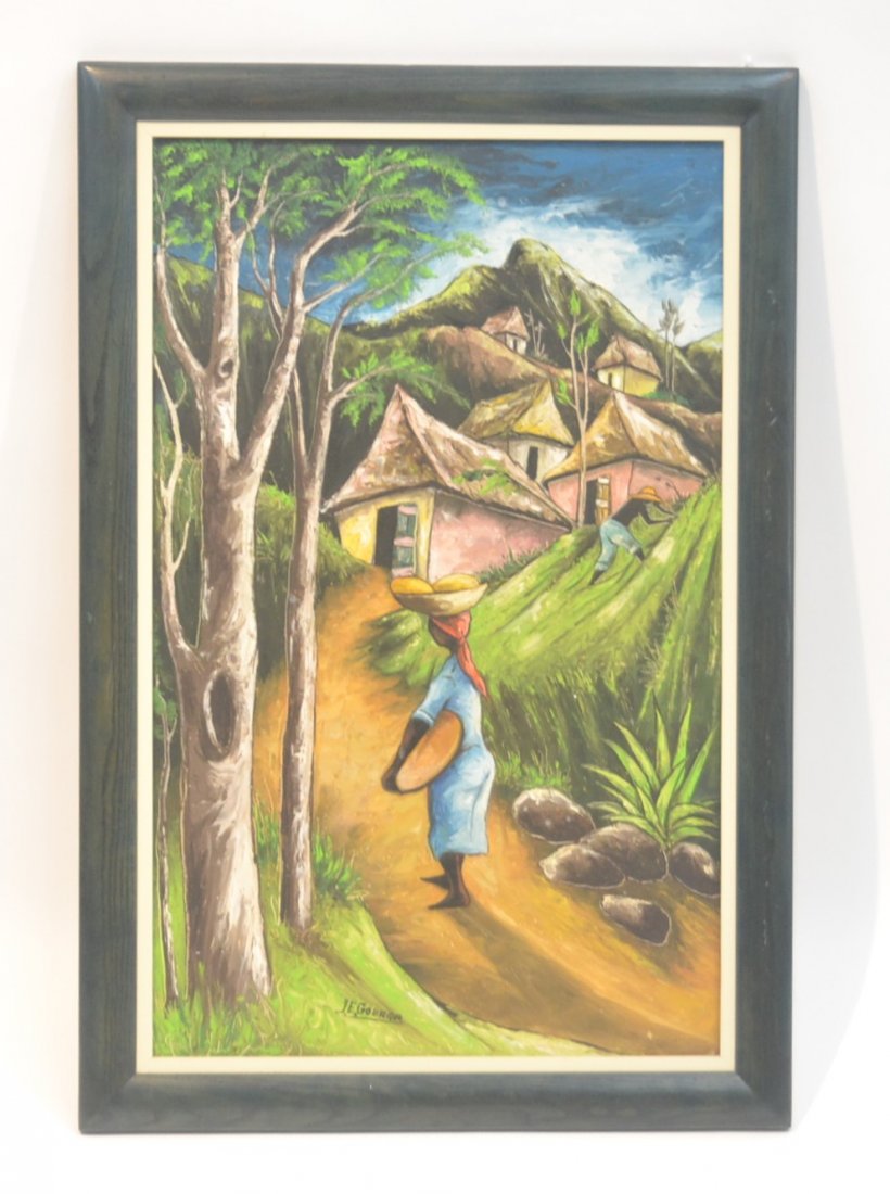 JACQUES ENGUERRAND GOURGE (HAITIAN, b. 1930) OIL: ON MASONITE OF HAITIAN VILLAGE WITH FIGURE ON PATH ; SIGNED ON OWER MIDDLE ; J.E. GOURGE - 15" x 24" , 18" x 27"