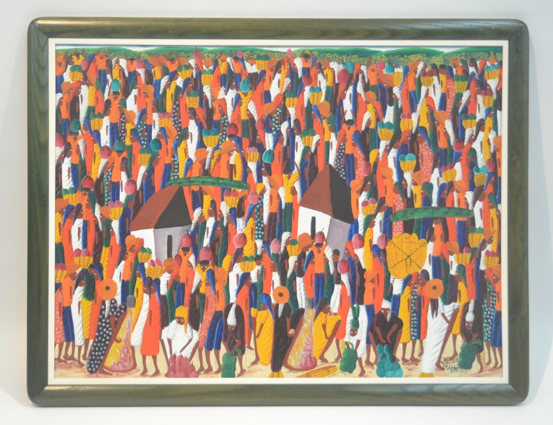 HAITIAN OIL ON MASONITE DEPICTING FIGURES: GATHERING SIGNED CASIMIR ; LOWER RIGHT - 32" x 24", , 36" x 27"