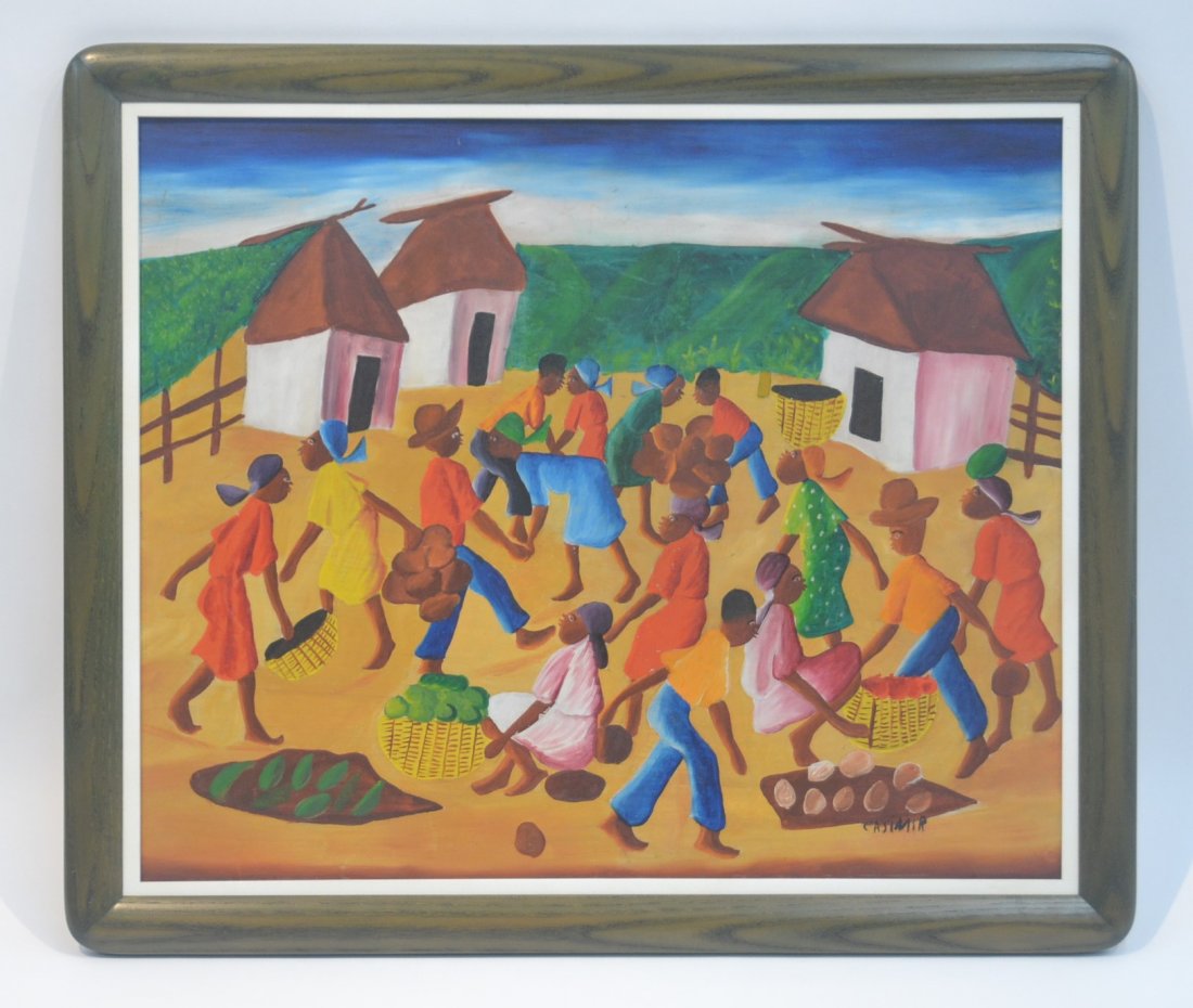 HAITIAN OIL ON MASONITE DEPICTING FIGURES: HOLDING BASKETS SIGNED CASIMIR ; LOWER RIGHT - 24" x 20" , 27" x 18"