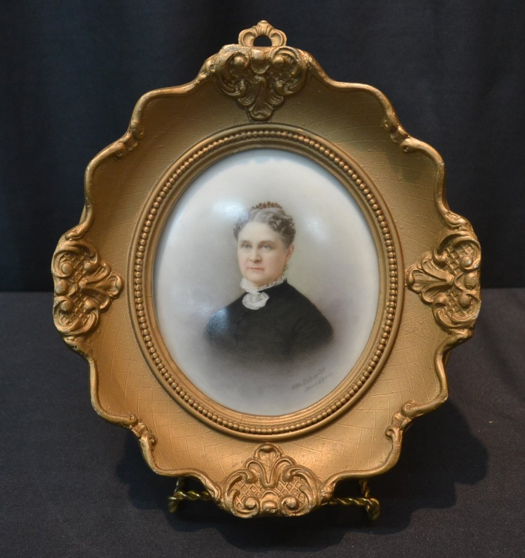 HAND PAINTED PORCELAIN PORTRAIT PLAQUE OF: OLD WOMAN ; SIGNED OTTO ECKANST ; DRESDEN IN GILTWOOD FRAME - 4 3/4" x 6" , 8" x 8 1/2"