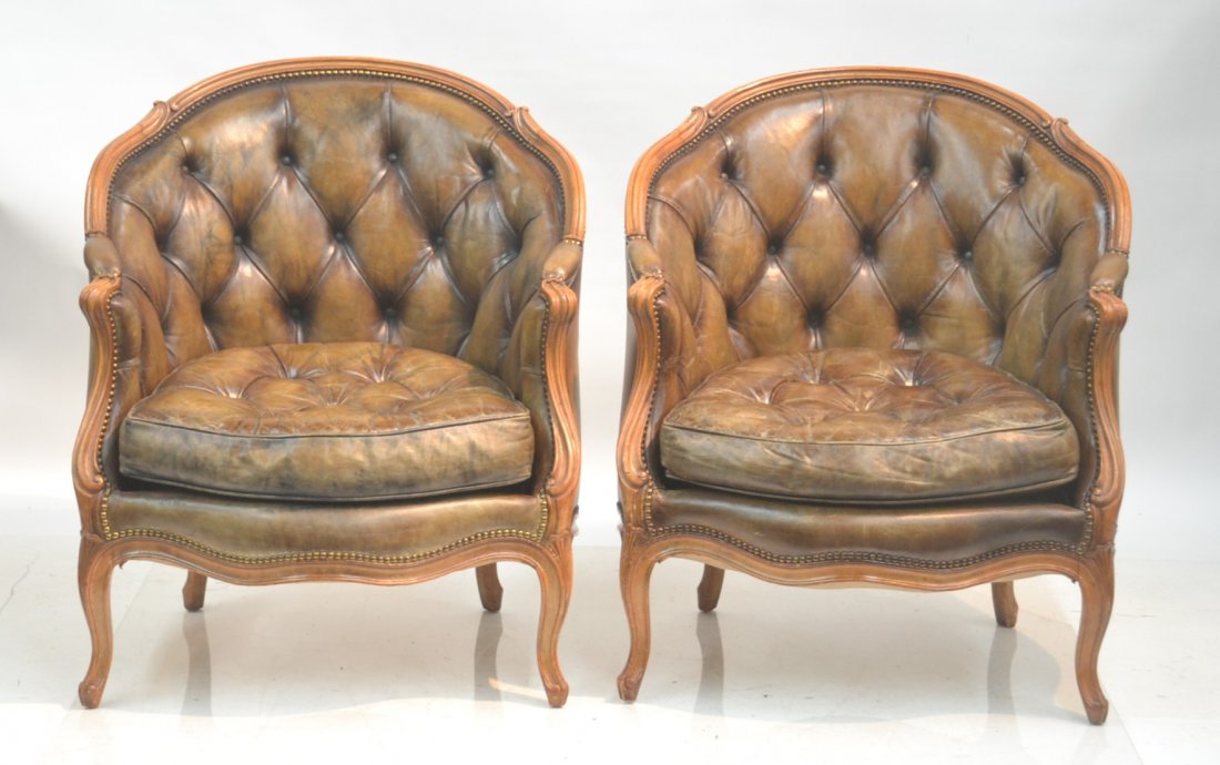 (Pr) FRENCH LXV STYLE BERGERE CHAIRS WITH: TUFTED LEATHER UPHOLSTERY & EXPOSED NAIL HEADS - 30" x 32" x 36"