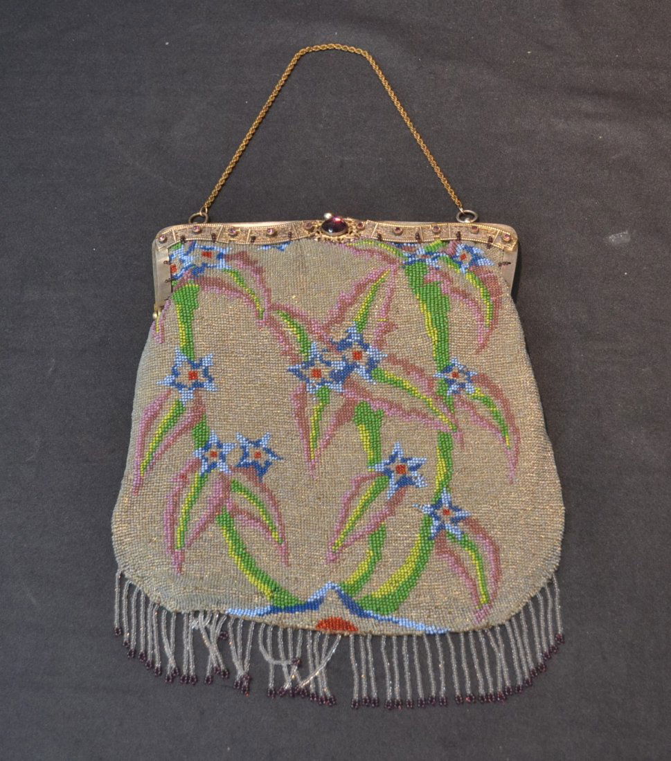 VINTAGE BEADED BAG WITH FLOWERS & JEWELED FRAME: WITH FRINGE - 8" x 9 1/2"
