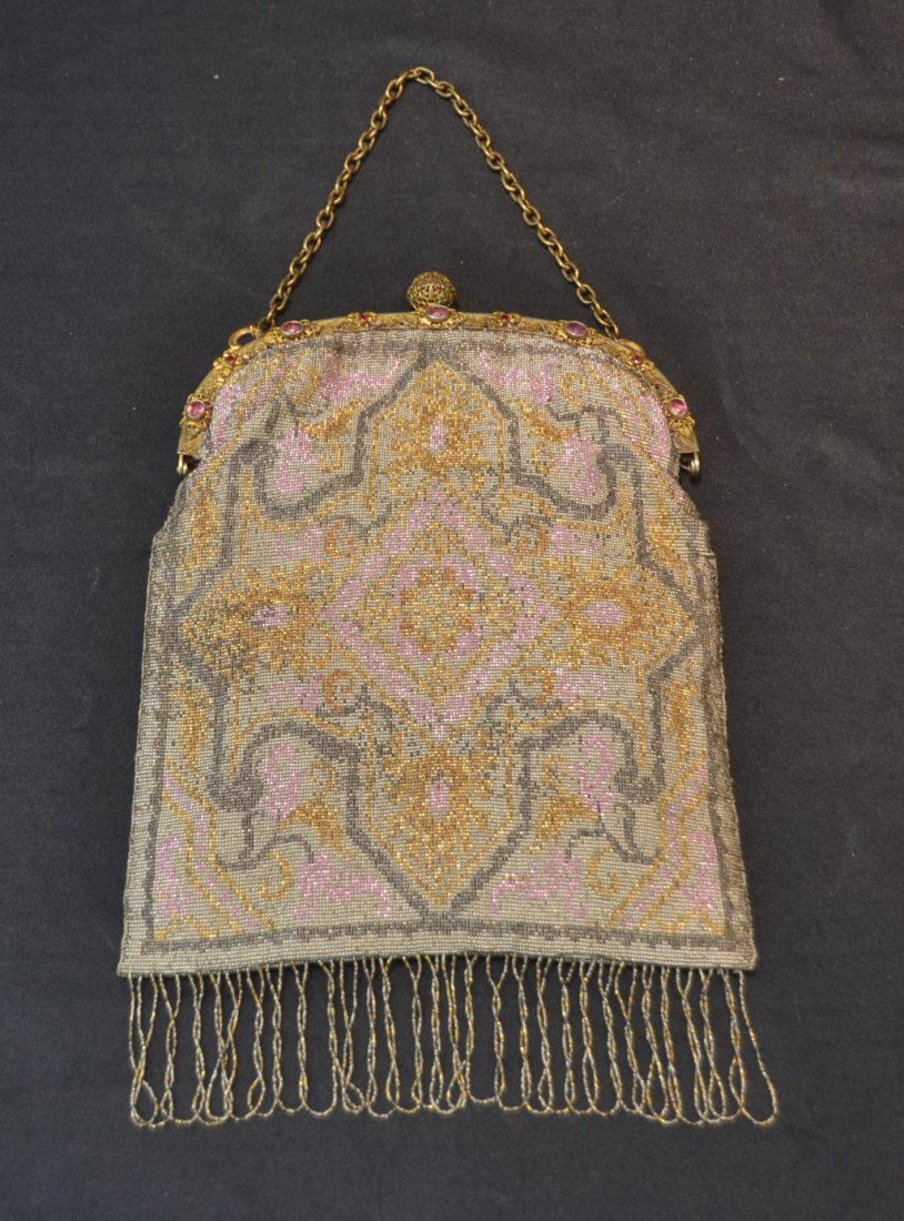 FINE VINTAGE BEADED BAG WITH JEWELS & METAL FRAME: WITH FRINGE - - 7" x 10"