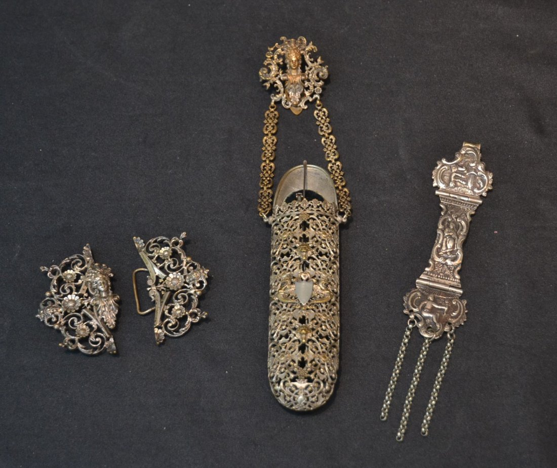 ORNATE RETICULATED VICTORIAN EYE GLASS CASE: WITH GRIFFINS , LION HEADS & MASK WITH GLASSES ; LOT ALSO INCLUDES FIGURAL VICTORIN BELT BUCKLE & FIGURAL BELT HANGER - 9 1/2" x 1 1/2"