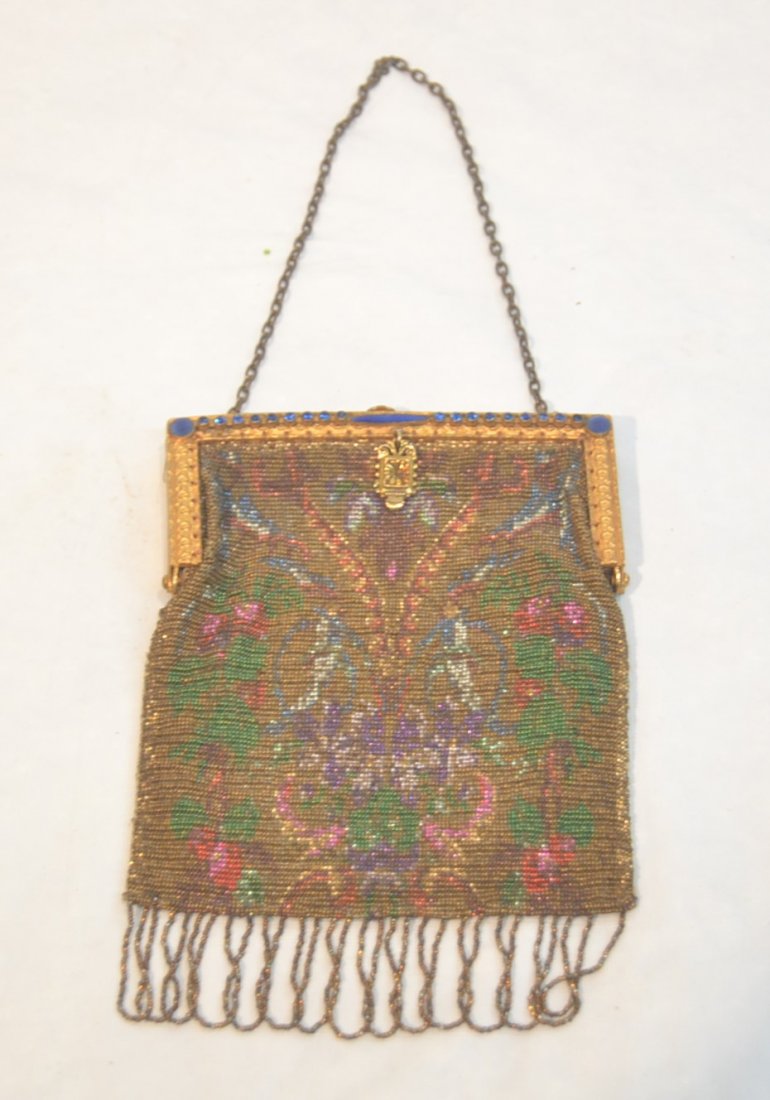 VINTAGE BEADED BAG WITH JEWELED & ENAMEL FRAME: WITH FIGURES & FLOWERS - 5" x 7"