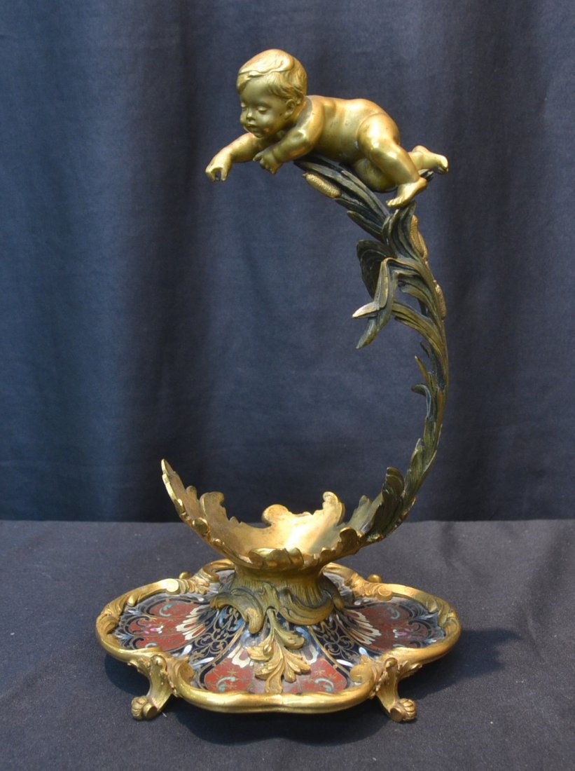 HENRI PICARD BRONZE & CHAMPLEVE FOOTED STAND: WITH PUTTI HANGING FROM TOP (MISSING DISH) ; SIGNED ON BOTTOM - 7" x 6" x 11"