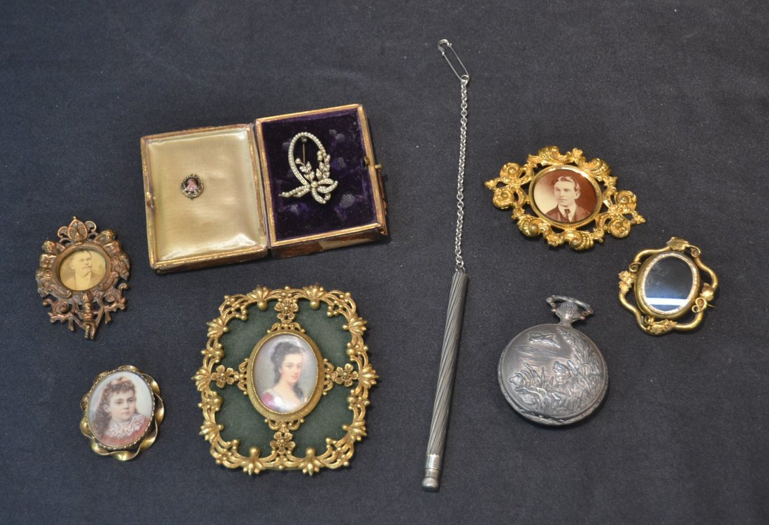ASSORTED VICTORIAN MEMORANDUM INCLUDING: PORTRAITS , SEED PEARL PIN , SWISS POCKET WATCH & PEN HOLDER