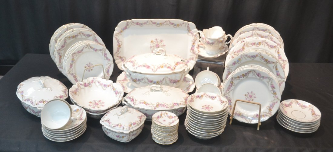 (85)pc AUSTRIAN CHINA DINNER SERVICE CONSISTING OF: (9) DINNER PLATES, (12) SOUP , (12) LUNCH PLATES, (12) BERRY , (12) BUTTER PATS , (10) SERVING PIECES , (6) CUPS & (12) SAUCERS ; MARKED LS & S AUSTRIA (SOME GOLD LOSS)