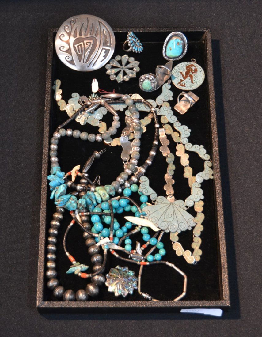 ASSORTED NATIVE AMERICAN SILVER & TURQUOISE: NECKLACES , RINGS & FETTISH BEADS