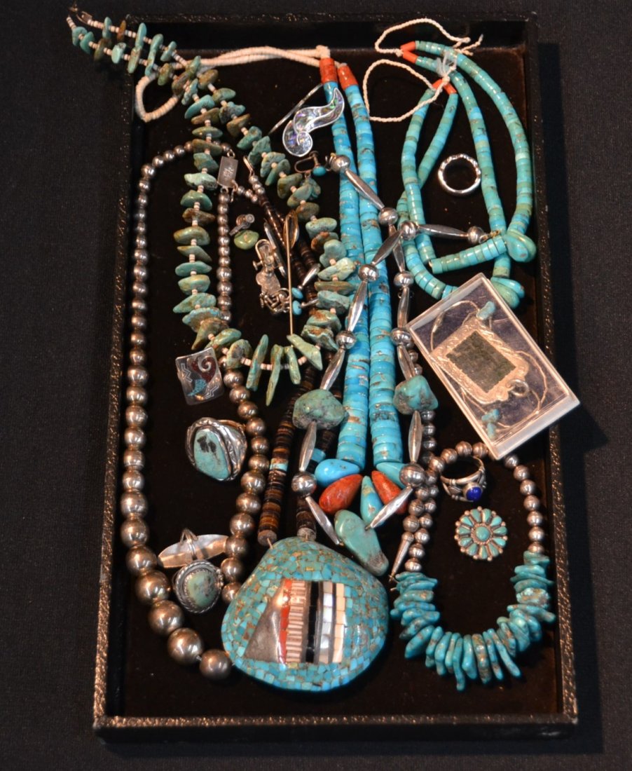 ASSORTED NATIVE AMERICAN STERLING SILVER &: TURQUOISE RINGS , NECKLACES & EARRINGS,NATIVE AMERICAN STERLING SILVER & TURQUOISE NECKLACE & (Pr) EARRINGS