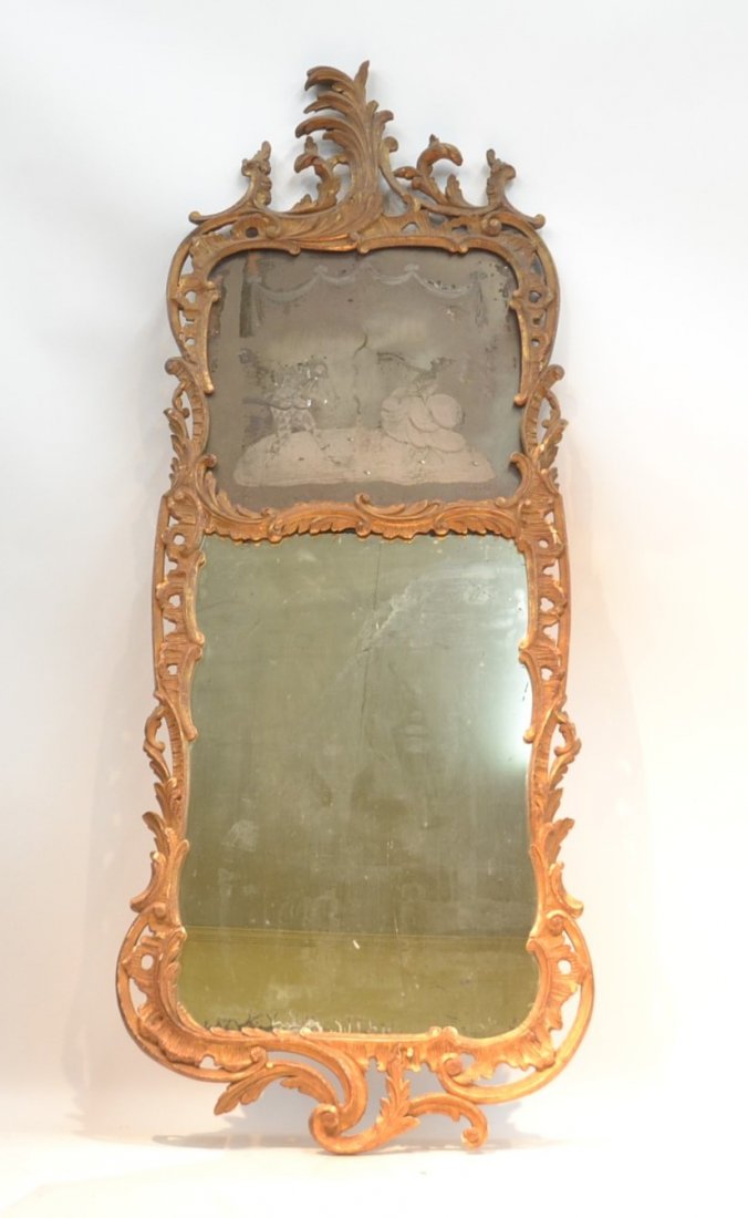 19thC CARVED GILT TRUMEAU MIRROR WITH ETCHED: COURTING SCENE - 24" x 69 1/2"