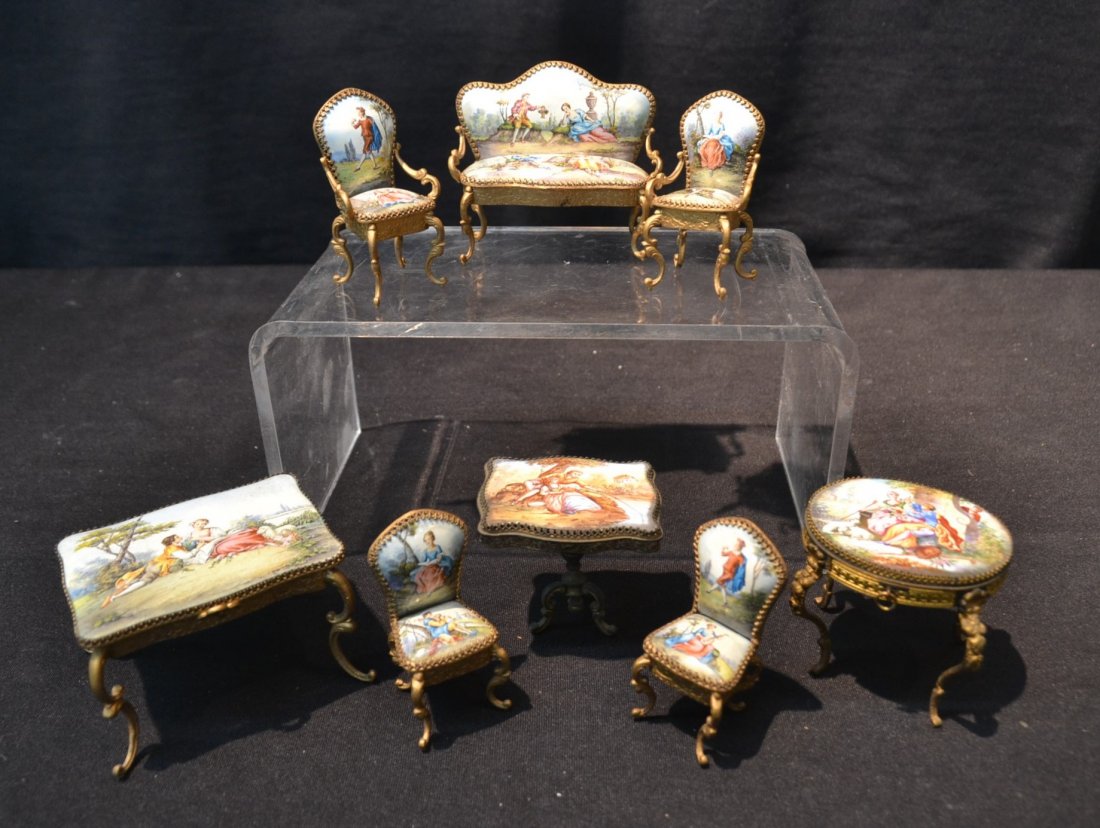 (8)pc VIENNA ENAMELED MINIATURE SALON SET: CONSISTING OF SETTEE, (4) CHAIRS & (3) TABLES - LARGEST PIECE IS 3" x 2"