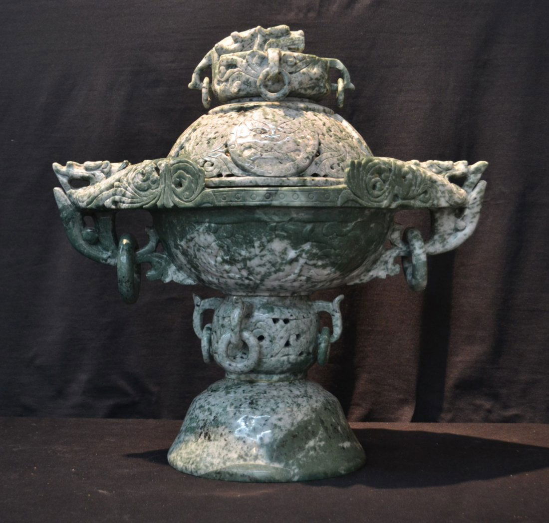 LARGE 3-PART CHINESE HARD STONE JADE ? INCENSE: BURNER WITH ROUND BODY RING DRAGON HEAD HANDLES - 23" x 14" x 22"
