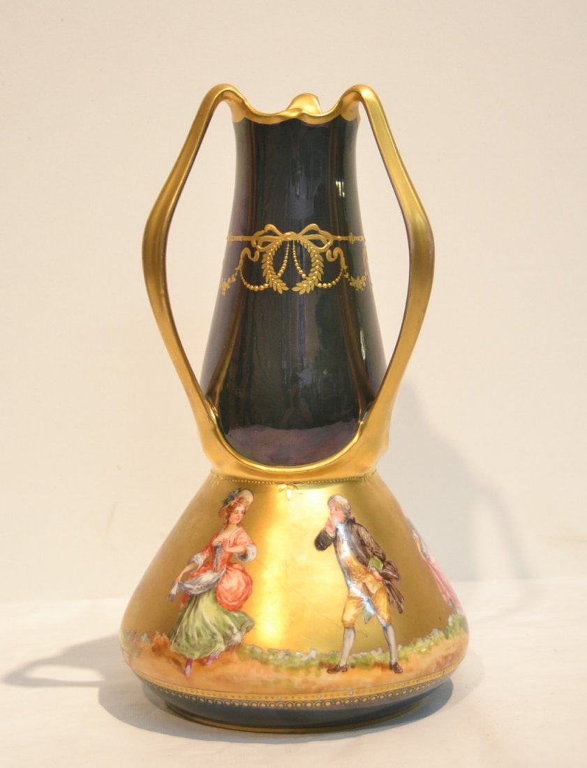 TRIPLE HANDLE DRESDEN GOLD & GREEN LUSTRE VASE: WITH (6) FIGURES AROUND BOTTOM - 6" x 11 1/2"