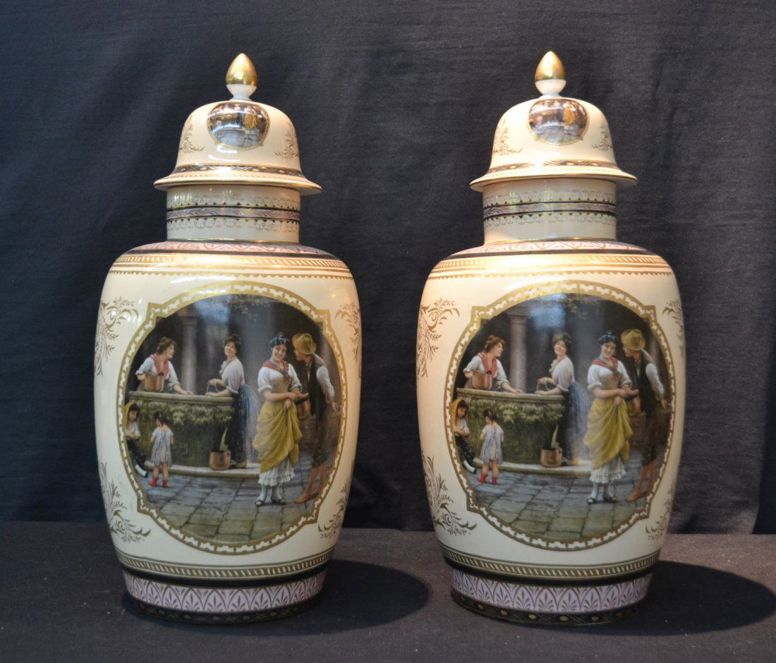 (Pr) LARGE COVERED GINGER JARS WITH: OUTDOOR GROUPING SCENES & CAMEOS ON LIDS - 10" x 19"