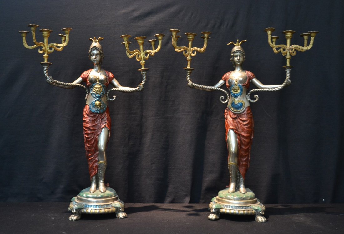 (Pr) CONTEMPORARY MULTI COLOR PATINATED SILVER: OVER BRONZE FIGURES HOLDING CANDELABRA - 20" x 8" x 26" (MENDED ARM)
